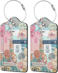 2 Pack Luggage Tags for Suitcases, PU Leather Bag Tag with Privacy Cover Address Card Travel Essentials-Summer Beach Collage