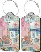 2 Pack Luggage Tags for Suitcases, PU Leather Bag Tag with Privacy Cover Address Card Travel Essentials-Summer Beach Collage