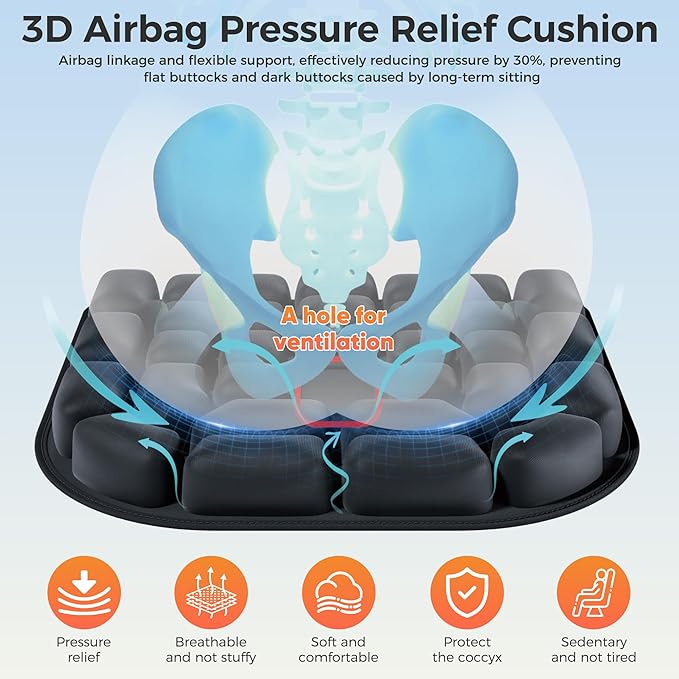 Upgrade Airplane Seat Cushion with No External Air Pump, Inflatable Seat Cushion for Long Flights, Portable Wheelchair Cushions, Adjustable Air Cushion with Non-Skid Bottom Relief Discomfort in Coccyx
