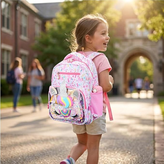 RHCPFOVR Kids Backpack for Girls - Unicorn Girls Backpack Ages 5-8, 15 Inch School Bookbag for Kindergarten Elementary School 1st 2nd Grade