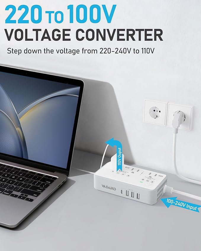 220V to 110V Voltage Converter US to Europe, 2000W Voltage Converter for European Travel with 3 AC 2 USB-C 2 USB-A Ports, and Universal European Travel Adapter (Gray)