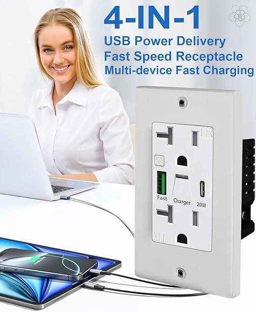 PD USB Outlet with Light,20W Power Delivery USB Receptacle with Night Light, 20A Tamper-Resistant Wall Outlet, Fast Charging Type A & USB-C Charger for Smartphones, Laptops, Tablets (1, White)