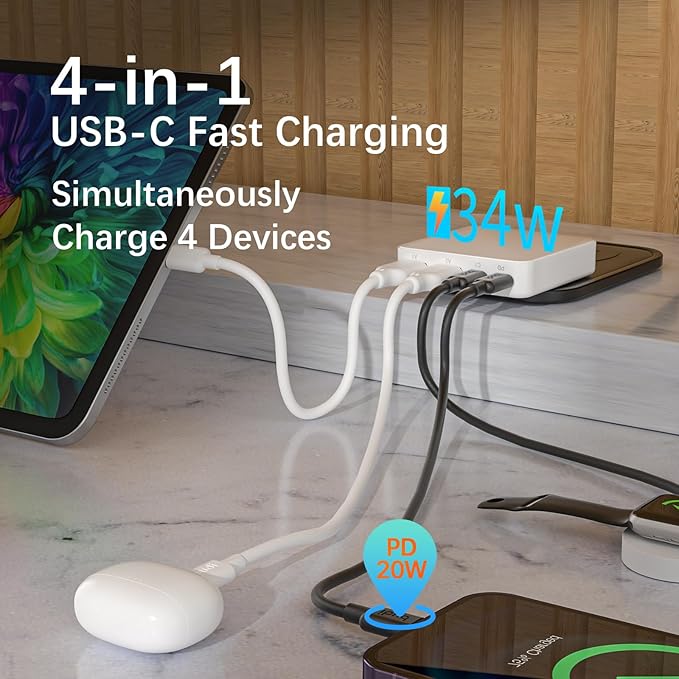BUDI Flat USB C Wall Charger, 34W 4-Port USB Charger Block, Fast Charging Block with 20W Port Power Delivery and Dual Type-C for iPhone 16/15/14/13/12/11/Pro Max/XS/XR/8/7,Tablets