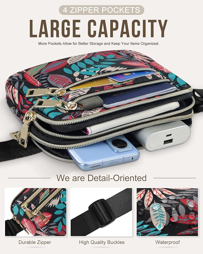Capolo Fanny Packs for Women Fashion Waist Packs Bag with Adjustable Strap and 4 Zipper Pockets Waterproof Everywhere Crossbody Belt Bag for Workout Running Travelling(Red Leaves)
