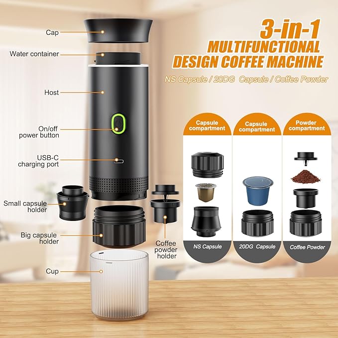 Portable Coffee Maker for Travel, 20 bar Mini Travel Car Espresso Machines, 3-in-1 Self-Heating Electric Espresso Maker, USB-C Ground Coffee & Capsule Pod(Ns&DG) RV, Hiking