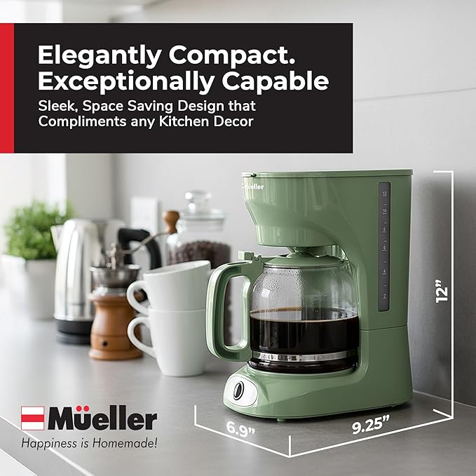 MUELLER HOME 12-Cup Drip Green Coffee Maker, Borosilicate Carafe, Auto-Off, Reusable Filter, Anti-Drip, Keep-Warm Function, Clear Water Level Window, Green Kitchen Accessories & Décor