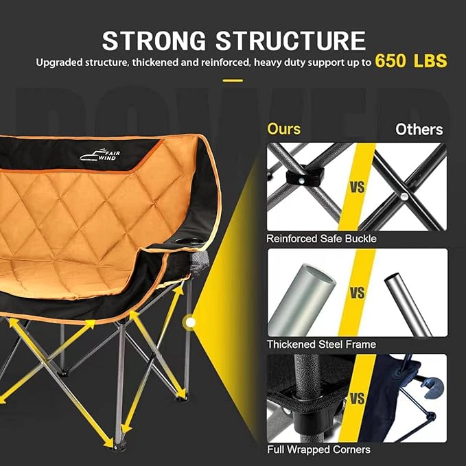 FAIR WIND Oversized Fully Padded Camping Chair Folding Loveseat Camping Couch Double Duo Chair Heavy Duty Quad Fold Arm Chair with Cup Hold - Supports 650 LBS Orange
