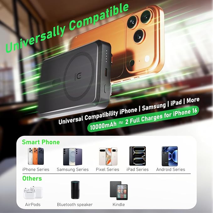 Magnetic Power Bank 10000mAh, 4-in-1 Portable Charger with Built-in USB-C/Lightning Cable Foldable Stand, 15W Fast Wireless Charging Battery Pack for Samsung, Android, iPhone, Travel Essential