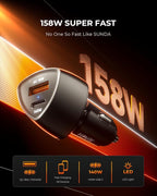 SUNDA 158W USB C Fast Car Charger, 2-Ports Type C Car Charger Adapter, Fast Charging PD3.1 PD140W/QC18W Phone Charger for iPhone17/16Pro/MacBook/iPad/Laptop/SamsungS25, Cigarette Lighter USB Charger