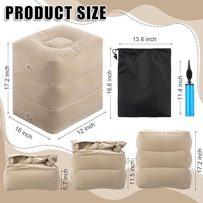Drydiet 2 Pcs Inflatable Foot Rest Pillow, 2 in 1 Airplane Foot Hammock for Travel, Adjustable 3 Layers Leg Rest Pillow with Pump and Storage Bag Portable for Flights Comfort, Travel Accessories