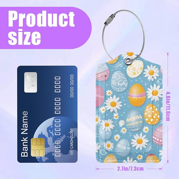 3 Pack Cute Easter Eggs Luggage Tags for Suitcase Bunny Daisy PU Leather Travel Luggage Tag Privacy Cover ID Label for Women Men Baggage Backpack Handbag School Bag