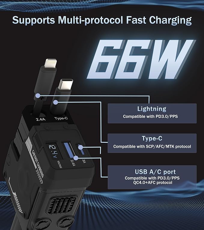 Retractable Car Charger, 4 in 1 Retractable Phone Charger with 66W Fast Charging, 2 Retractable Cables and 2 USB-C USB-A Port Compatible with iPhone 16/15/14/13/12/11,Samsung, Galaxy,Pixel (Black)