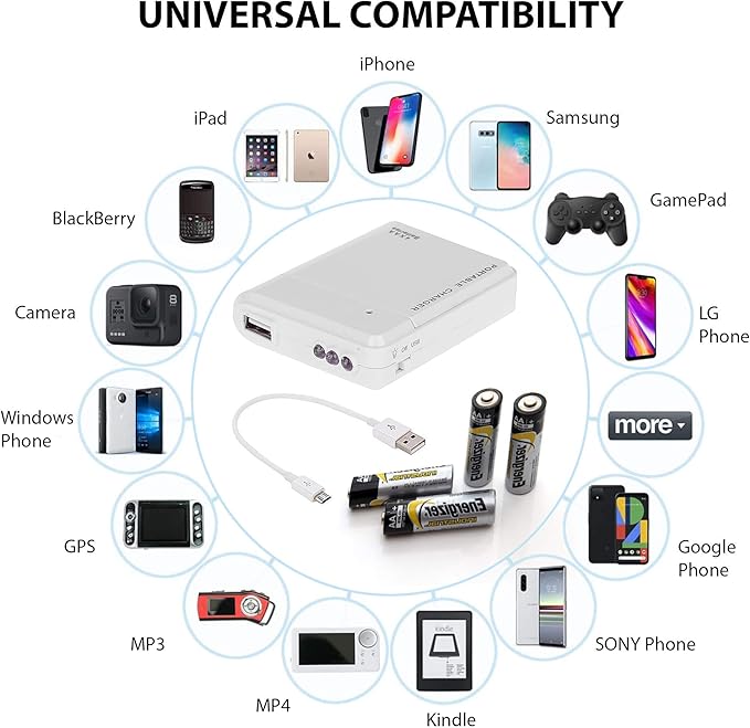 Portable AA Battery Travel Charger Works for Lenovo K6 Power 16GB and Emergency Re-Charger with LED Light! (Takes 4 AA Batteries,MicroUSB) [White]