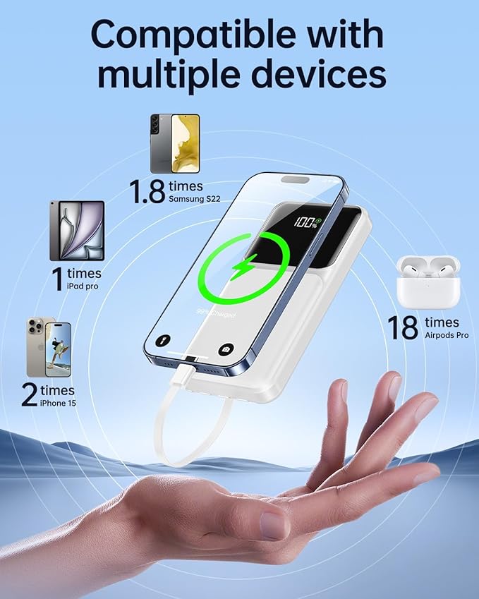 RONEGN Portable Charger with Built in Cable - Power Bank Fast Charging 22.5W USB C 10000mAh LED Display Travel Battery Pack 5 Outputs & 3 Inputs for iPhone Samsung Android iPad Phones Tablets etc