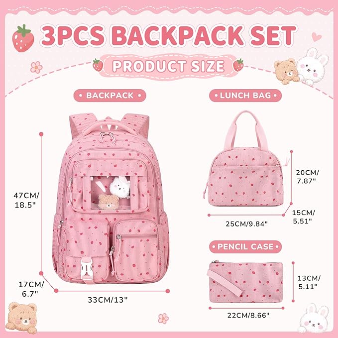 PIG PIG GIRL Corduroy Backpack 3PCS Kids Backpack for Girls School Bags for Middle School Students Book Bag for Elementary Primary Kawaii Ita Backpack with Lunch Box Pencil Case Set, Pink Strawberry