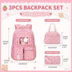 PIG PIG GIRL Corduroy Backpack 3PCS Kids Backpack for Girls School Bags for Middle School Students Book Bag for Elementary Primary Kawaii Ita Backpack with Lunch Box Pencil Case Set, Pink Strawberry