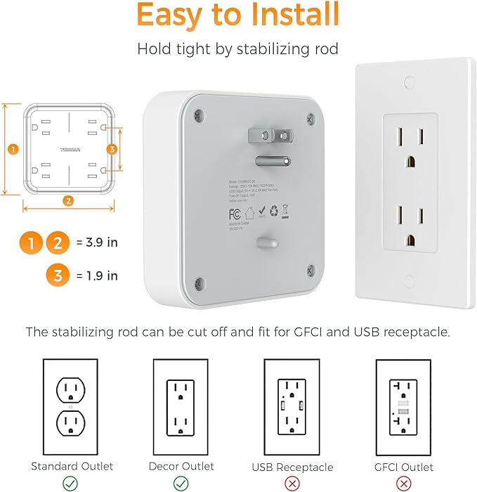 Multi Plug Outlet Extender, TESSAN 4 Outlet Splitter 3 USB Wall Charging Ports (2 USB C), Wide Spaced Multiple Expander Surge Protector for Office, Home, College Dorm Room