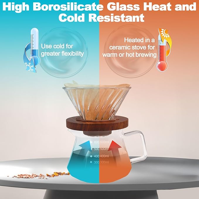 Pour Over Coffee Maker 20.3oz Portable Glass Coffee Maker High Borosilicate Glass Eagle Beak Spout Design with 100 Pcs Filter Paper Walnut Wood Base for Pour Over for Daily Brewing 600ml