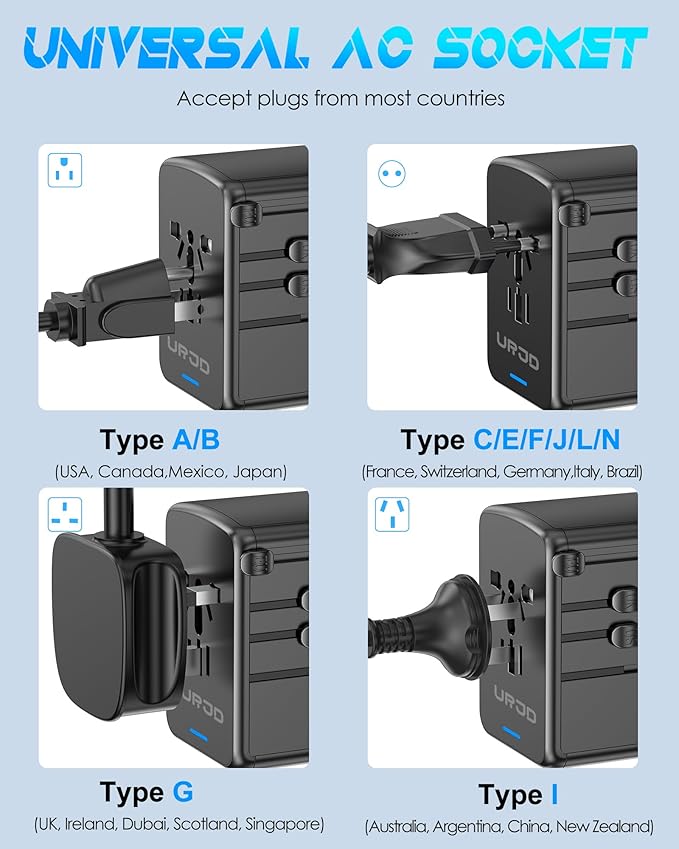 Universal Travel Adapter, 6.0A 30W 5 USB C/A Ports + 2500W AC Outlets, International Power Adapter for All USB Devices, Multi Plugs 110V 220V A/C, European Travel Plug Adapter for 200+ Countries