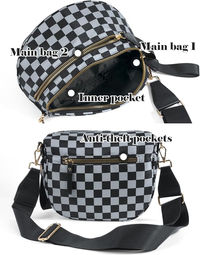 Black and White Checkered Crossbody Bag Bum Bag for Women,Spacious Checkered Purse Fanny Packs Belt Bag