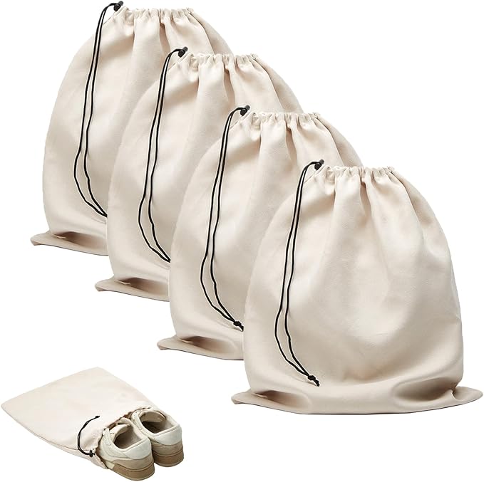 LAKE OF FIRE 4-Piece Travel Shoe Bags for Packing, 17.7" x 13.8" Dustproof Shoe Bags with Drawstring Closure,Washable & Reusable(Beige)