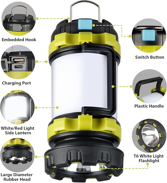 BOBKID 1 Pack Camping Lantern, Outdoor LED Camping Light, Rechargeable Flashlights with 1000LM, 6 Modes, IPX5 Waterproof Portable Emergency Camp Light for Hurricane Survival - Green