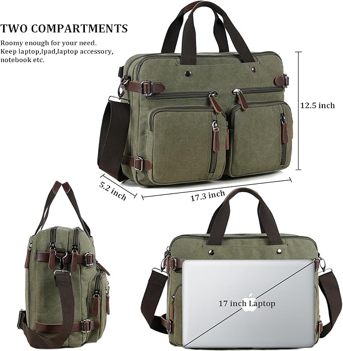 CROCOD 3 In 1 Canvas Convertible Laptop Bag for Men Women, 17.3 inch Laptop Messenger Bag Work Briefcase, Computer Shoulder Bag for Travel Business Office (Green, 17.3 Inch)