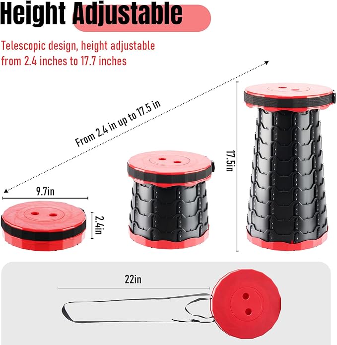 Doseno Upgraded Foldable Stool Thickened Set of 2, Portable Collapsible Stool Retractable Stool, Foldable Portable Collapsible Chair for Fishing, Hiking Tours, BBQ, Parties, Outdoor Activities (Red)