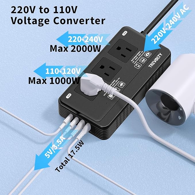 2000W Voltage Converter US to Europe for Hair Dryers, 7-in-1 220V to 110V Converter for European Travel with 3 AC/2 USBA/2 USBC Ports, Universal Power Converter Adapter Combo with EU/UK/IT/AU