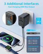 Universal Travel Adapter, International Travel Plug Adapter with 2 USB-C(PD 20W) ＆ 1 USB-A Ports, All in One Portable Adaptor, for USA, UK, EU, AU ＆ 224+ Countries (Black) US