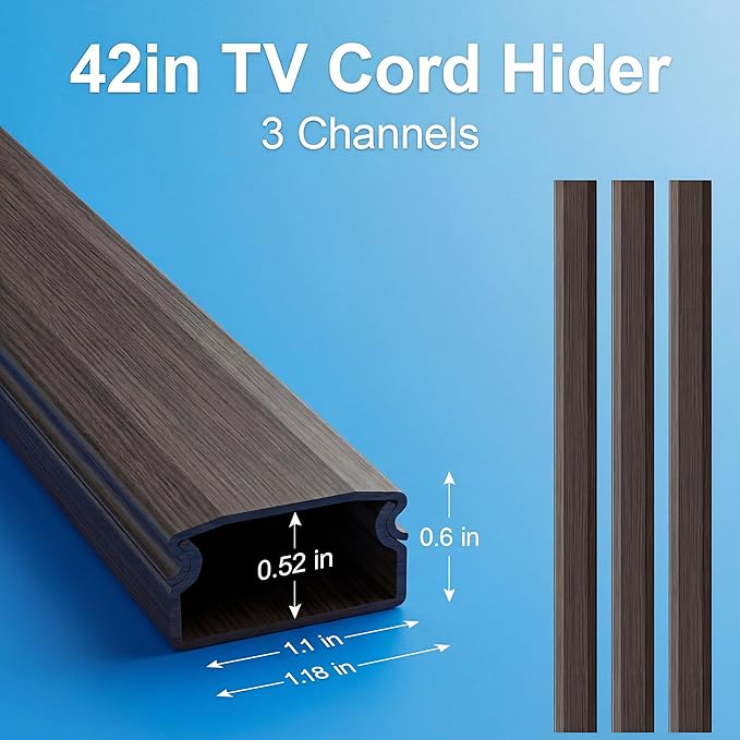 Yecaye TV Cord Hider, 42in Cord Cover, Large Cable Hider, Wire Covers for 4 Cords, Cable Raceway Wire Hider, Wire Hiders for TV on Wall, Cable Cover Cord Concealer, W1.18in H0.6in, Darkwood