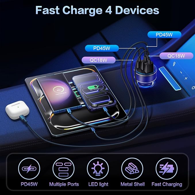 5 Pack USB C Car Charger, Multi Port 90W Super Fast Charging Cigarette Lighter Adapter, 4-in-1 Dual USB-C & USB-A Car Phone Power Adapter for iPhone 17/16/15/Pro Max, iPad, Samsung Galaxy S25