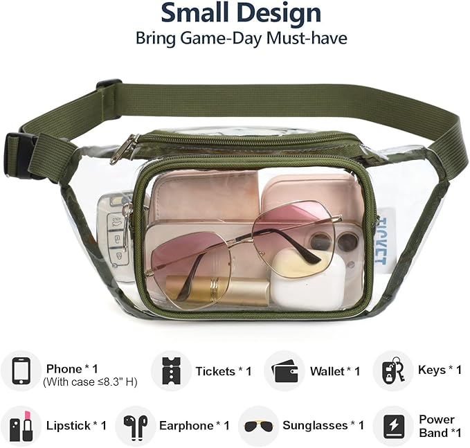 Veckle Clear Fanny Pack Stadium Approved - Adjustable 33-47 Inch Strap, Transparent Belt Bag for Women Men Fits 7.5-inch Smartphone, Waist Bag Clear Bag for Stadium Events, Sport, Concerts, Green