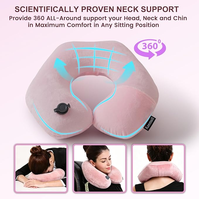 Keemall Inflatable Neck Pillow, Premium Pink U-Shaped Travel Pillow with Soft Washable Cover, Compact Portable Airplane Travel Essentials for Flight, Car and Office, Ideal Travel Gift for Women