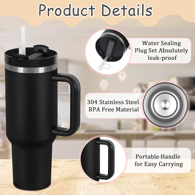 4 Pack 40 Oz Tumblers with Handle Bulk, Double Wall Vacuum Insulated Stainless Steel Tumblers with Lid and Straw, 40 oz Cups with Silicone Spill Proof Stopper Set (Black-2,White-2)