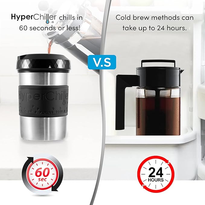The Original but NEW Stainless-Steel HyperChiller HC2SS Patented Iced Coffee/Beverage Cooler Ready in One Minute, Reusable for Iced Tea, Wine, Spirits, Alcohol, Juice, 12.5 oz, Stainless Steel