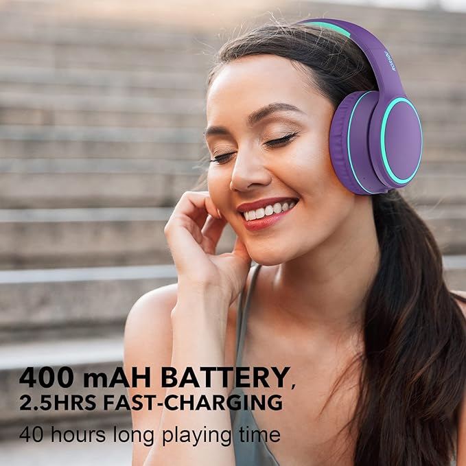 B10 Bluetooth Headphones Over Ear, 2 EQ Music Modes(Normal/Bass) and 50H Playtime Wireless Headphones with Mic, Lightweight Folding HiFi Stereo Headset for iPad/Travel/Tablet/PC/Home (Purple)