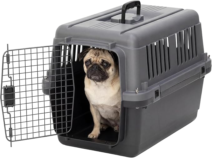 SportPet Airline Compliant Small 24" Travel Dog Kennel - Durable Plastic Airline Pet Carrier (No Wheels) & Food Bowls, Collapsible Indoor/Outdoor Dog Kennel, Dogs up to 21" L & 13" H - Dark Gray