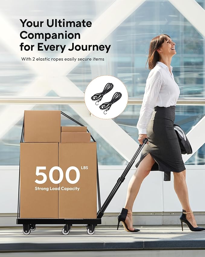 Voipvvii Folding Hand Truck 500lbs, Portable Heavy Duty Dolly Cart, 6 Wheels Collapsible Luggage Cart with 2 Elastic Ropes - Compact Trolley Cart for Easy Moving - Ideal Hand Cart for Travel and More
