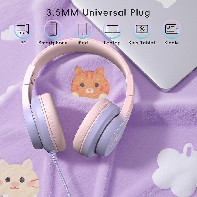 Candy Bila Kids Headphones, Wired Headphones for Kids Over Ear with Microphone, 85/94dB Volume Limiter Headphone for Girls Boys, Foldable Headphone for Learning & Entertainment, Gradient Pink