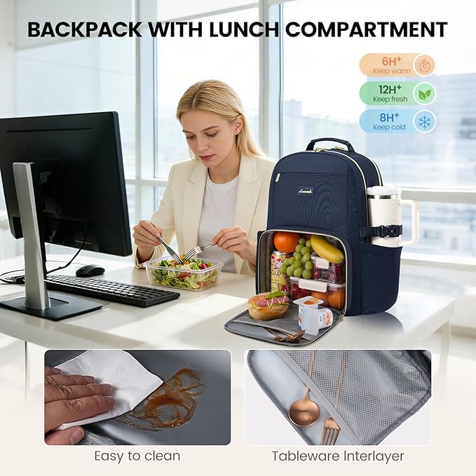 LOVEVOOK Lunch Backpack with Lunch Compartment,15.6 Inch Laptop Work Travel Insulated Cooler Backpack Purse, Waterproof College Teacher Lunch Bag Box with Tumbler Holder,Gifts for Men Women,Dark blue