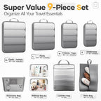 Veken 9/11 Set Compression Packing Cubes for Travel Essentials,Compressible Expandable Large Luggage Suitcase Organizer Bags for Clothing,Durable Space Saver Storage Bags with Toiletry Bags(Gray)