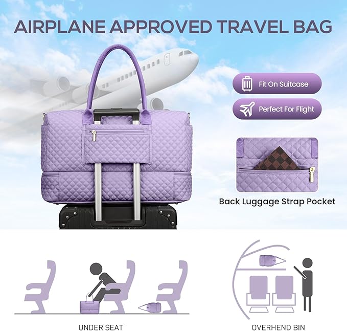 Travel Weekender Duffle Bags for Women - Large Carry On Bag with Shoe Compartment Overnight Bag with Toiletry Bag Duffel Bags with Wet Pocket for Gym Hospital Bags for Labor and Delivery Light Purple