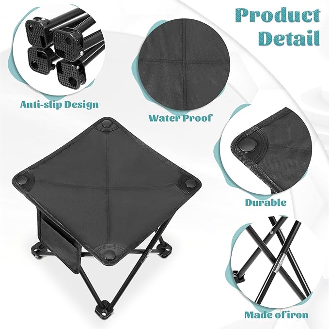 2 Pack Camping Stool 13 Inch Portable Folding Camp Stool with Side Pocket for Camping Fishing Hiking Gardening Outdoor Walking, Foot Stools with Carry Bag, Black