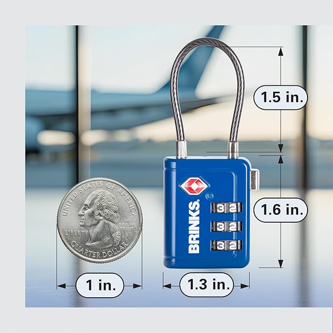 Brinks TSA Accepted Indicator Luggage Lock, Blue - Resettable 3-Dial Combination, 1.5 inch Long Cable Shackle, New More Secure TSA008 Key, 4 Pack