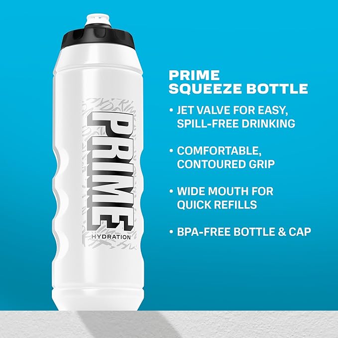 PRIME 32 oz White Graffiti Squeeze Sports Water Bottle, BPA Free, Dishwasher Safe, Easy-Grip Ergonomic Leakproof Design, Fast Hydration for Gym, Cycling, Running