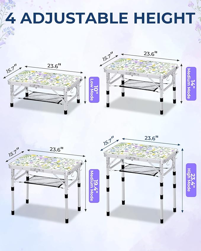 Sportneer Camping Table:Small Folding Table Portable Table 23.6" L X 15.7" W 4 Height with Mesh Layer- Adjustable Height Outdoor Table for Hiking Travel Picnic BBQ Cooking