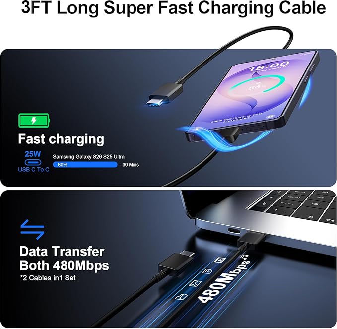 Super Fast Charger Type C, 25W USB C Wall Charger Fast Charging for Samsung Galaxy S26 Ultra/S26/S26+/S25 Ultra/S25/24 Ultra/S24/S23 Ultra/S22 Ultra with 3FT Long Android Type C Charger Cable 2Pack