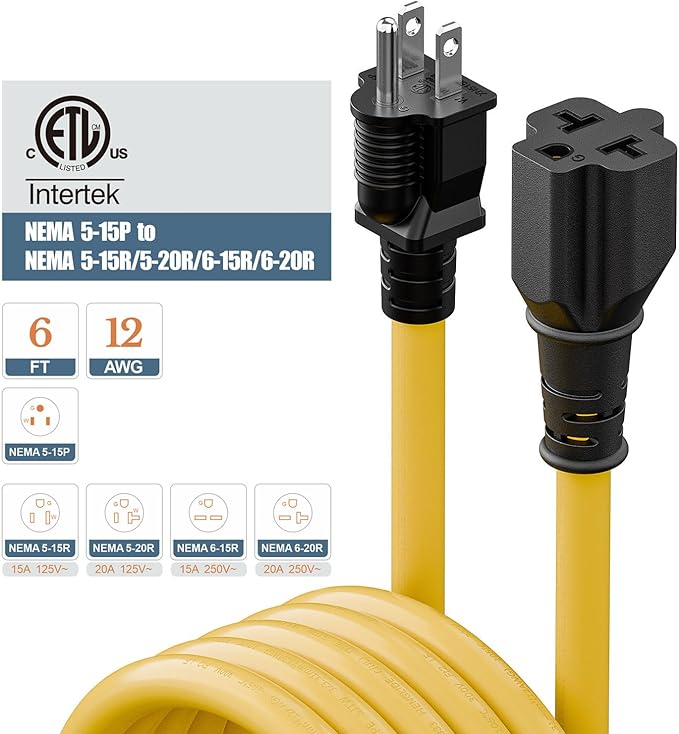 4 in1 NEMA 5-15P Extension Cord, Winxus 6FT NEMA 5-15P to 5-15R, 5-20R, 6-15R, 6-20R Adapter Cord, 15A to 20A AC Adapter Cable, 6FT 3 Prong Extension Cords