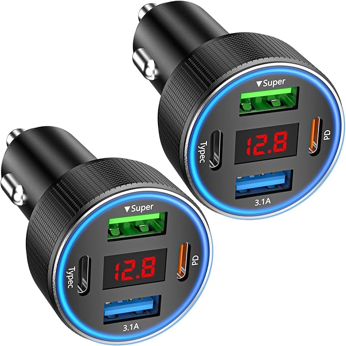 USB C Car Charger, 78W 4 Port Fast Charging Car Phone Charger Adapter with Voltage Monitor, Metal PD PPS Dual USB C Car USB Adapter for iPhone 17 16 15 Pro, iPad, Samsung Glaxy, Android